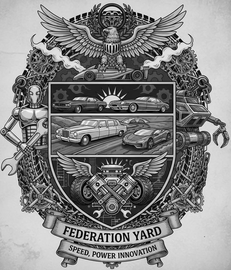 Federation Yard crest emblem featuring an eagle, classic and modern cars, and crossed pistons, with the motto Speed, Power, Innovation
